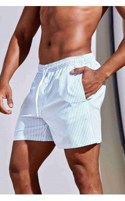 Men&#39;s Basic Standard Size Thin Striped Printed Swimsuit with Pocket Swim Shorts Blue Light