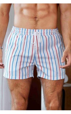 Men&#39;s Basic Standard Size Colored Striped Printed Swimsuit Pocket Swim Shorts White