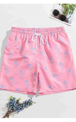 Men&#39;s Basic Standard Size Stylish Palm Tree Printed Swimsuit with Pocket Swim Shorts Pink
