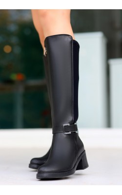 Emrat Black Leather Heeled Boots