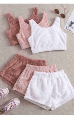 Set of 3 Sleeveless Strap Plush Fleece Bottom Top Shorts Pajama Set Multi Color