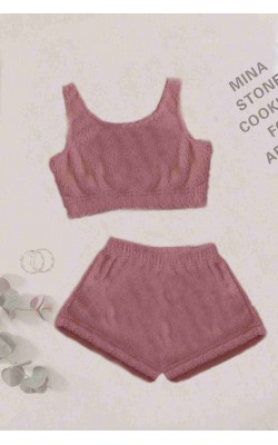 Single Color 1 Set Sleeveless Strap Plush Fleece Bottom Top Shorts Pajama Set Pink Dark