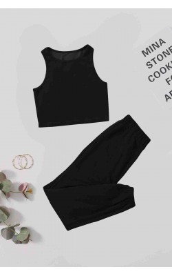 Single Color 1 Set Sleeveless Fleece Top and Bottom Pajama Set Black