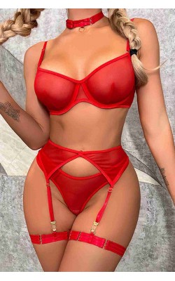 Tulle Bra Panty Set Suspenders Throat And Leg Accessories Red